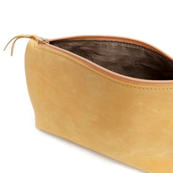 Yellow leather cosmetic bag Yellow makeup bag Leather case