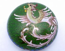 Broche Vintage Oiseau De Paradis – Émail Cloisonné Vert/beige, Couleur Or, Bon état