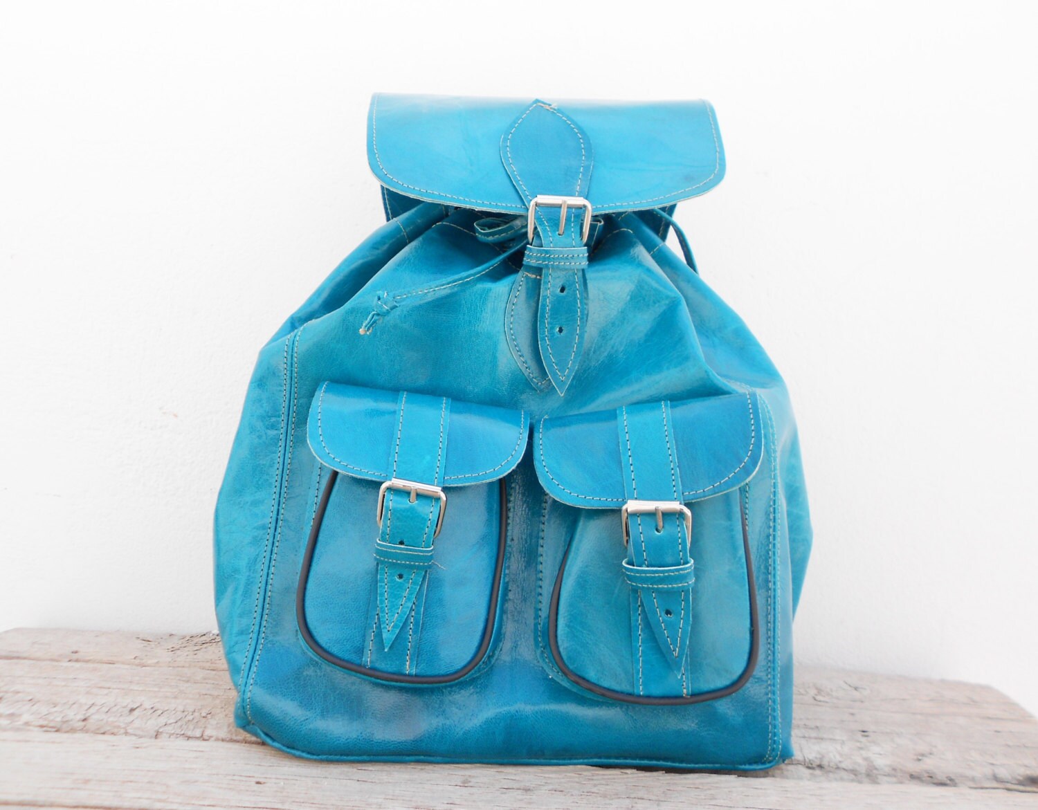 Blue Aqua Turquoise Leather backpack bag Handmade Soft