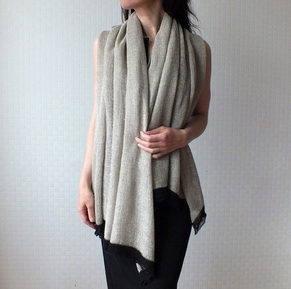 Knitted natural linen wrap shawl Large knit shawl Ecru