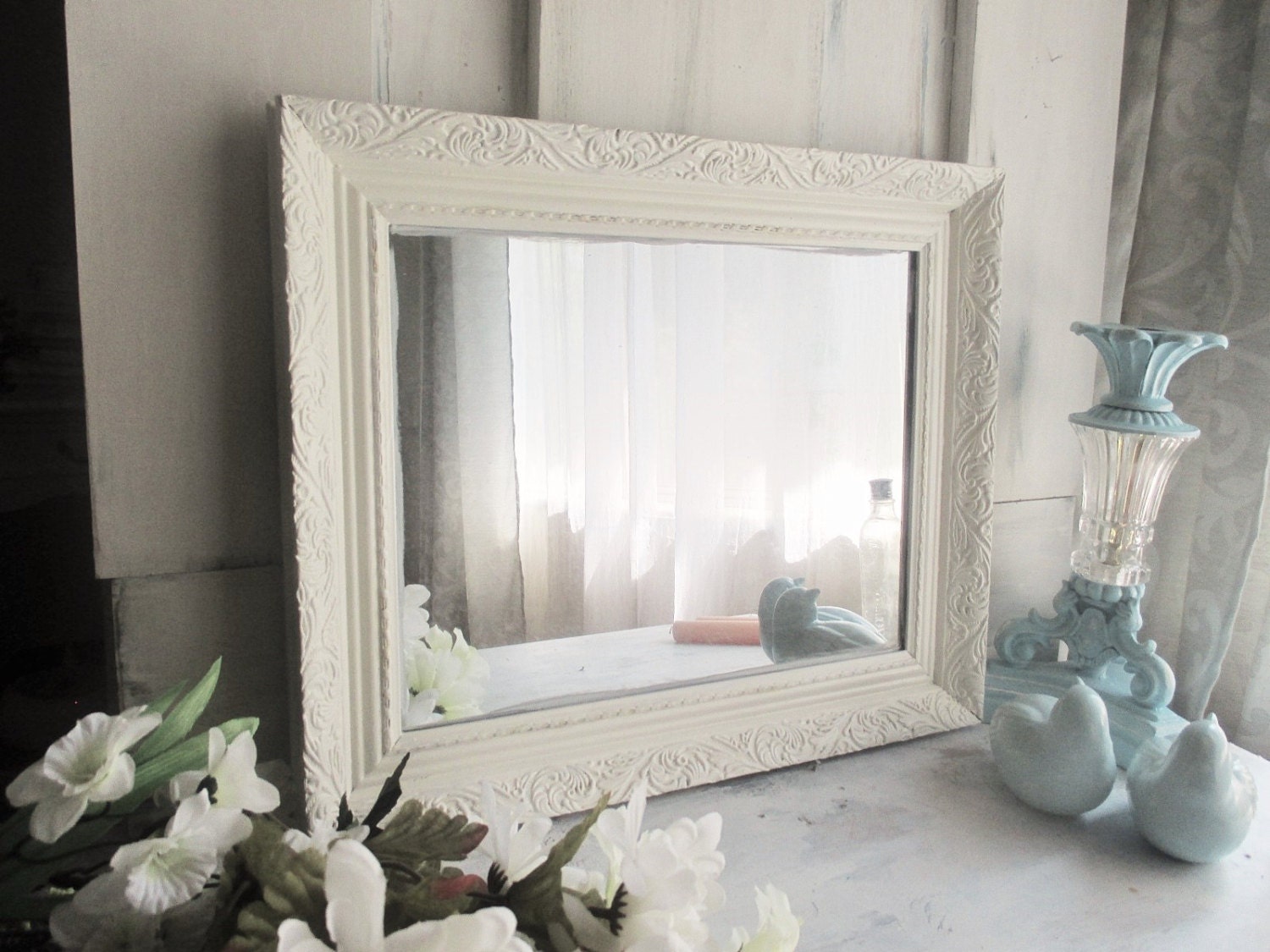 White Mirror Painted Distressed Mirror Wall by BlueEggUpcycling