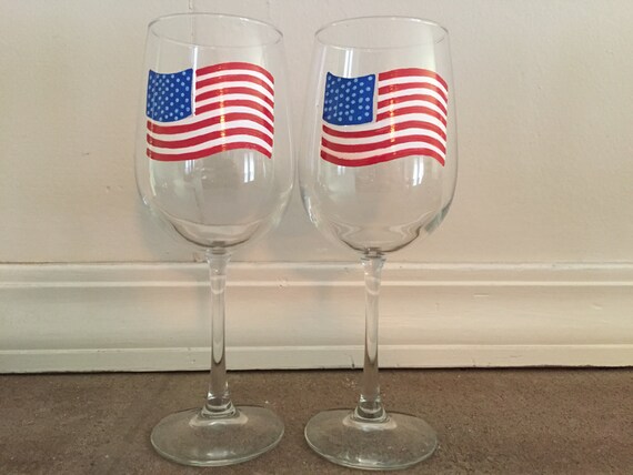 Hand Painted American Flag Wine Glasses set of 2