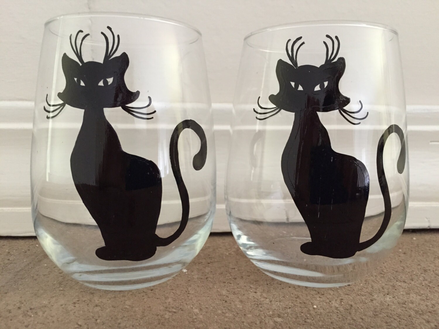 Hand Painted Black Cat Stemless Wine Glasses set of 2