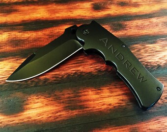 Personalized Pocket Knife Engraved for Free, Custom Mechanical Opening Knife with None-Glare Black Handle Black Blade Knife