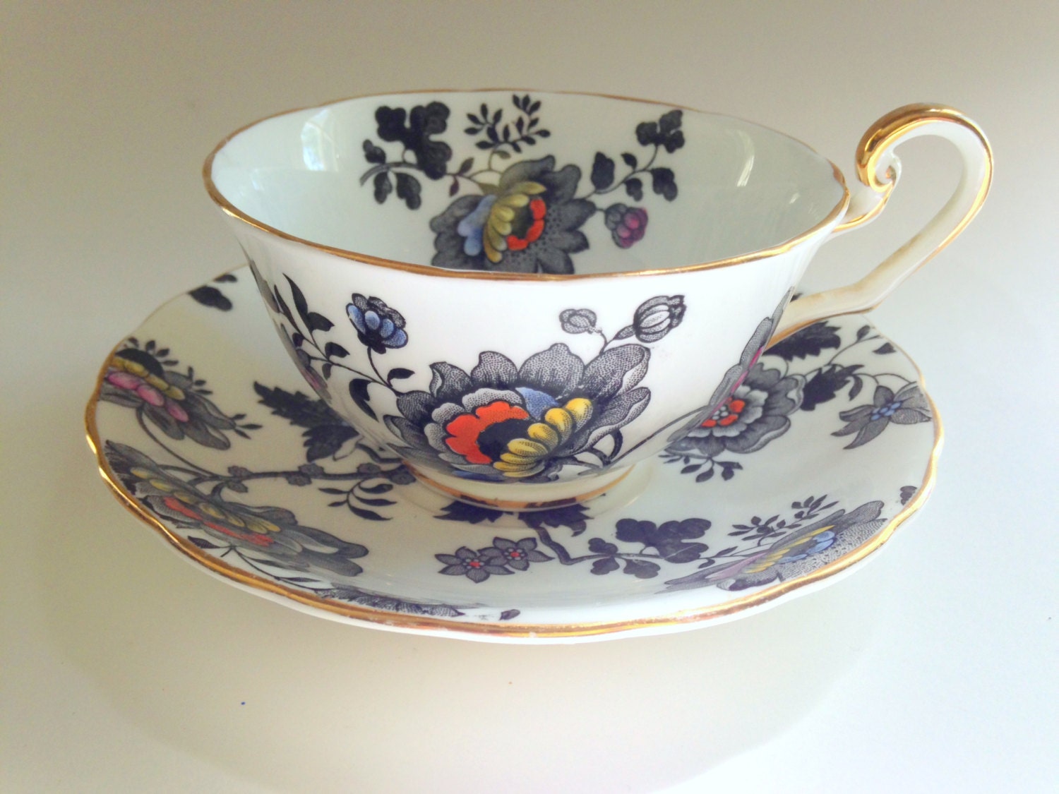 Art Deco Tea Cup and Saucer Black Jacobean Tea Cups Antique