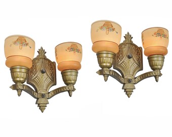 Pair of Antique Wall Sconces 2 Arm Light Circa 1920 - 1935 Gold Color (ANT-436)