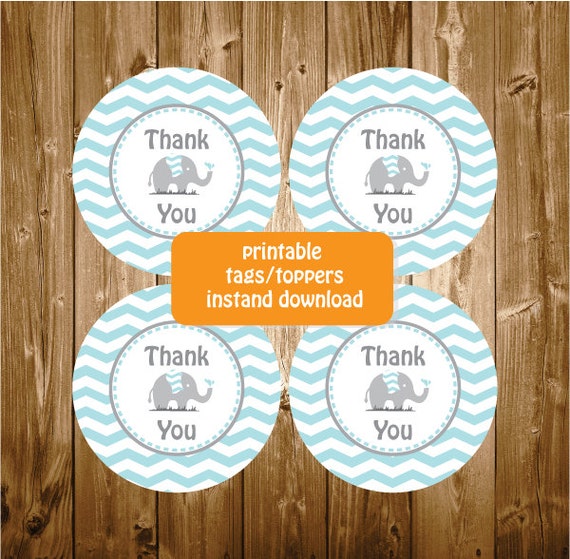 printable elephant thank you tags blue grey baby shower