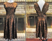 Plunging V Back Satin Brocade Dress / Sleeveless with Pleated Skirt / Brown Floral Party Cocktail Late 1950s - '60s - Size M Medium