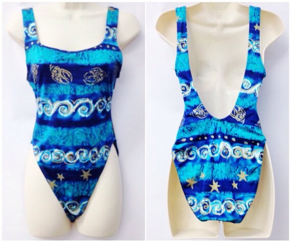90s Swimsuit Seashell Print High Waisted Scoop Neck Swimwear