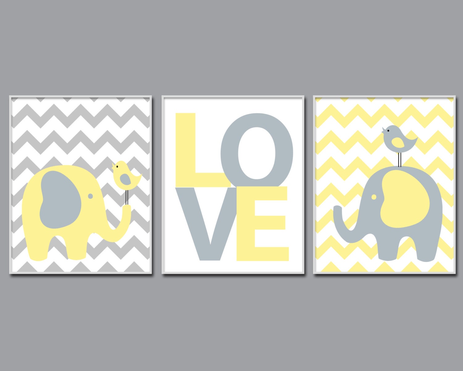 Nursery Yellow and Grey Elephant and Bird Art Print Baby Boy
