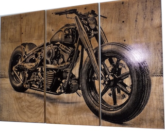 Harley Davidson Fatboy / Softail / Motorcycle / Bike Print Wood Painting / Wall Art on Stained Solid BIRCH 3/4 inch thick Gift for Him / Her