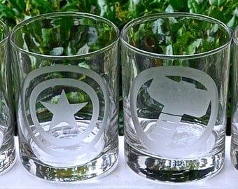 Avengers Inspired Etched Rocks Glass, Black Widow, Hawkeye, Hulk, Iron Man, Thor, Captain America Glasses