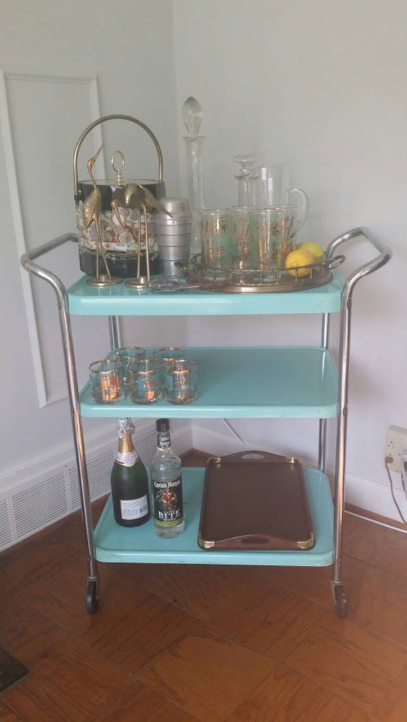 Vintage Bar Cart Turquoise Metal Industrial Trolley Mid