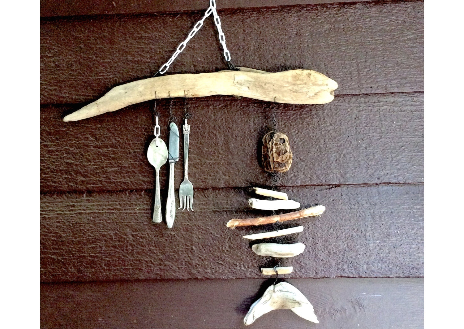Spoon Fish Windchime Made To Order Upcycled Cutlery Wind Chime Spoon Fork Knife Fishbone Fish Wall Hanging Silverplate Driftwood West Coast Bc Beach Art