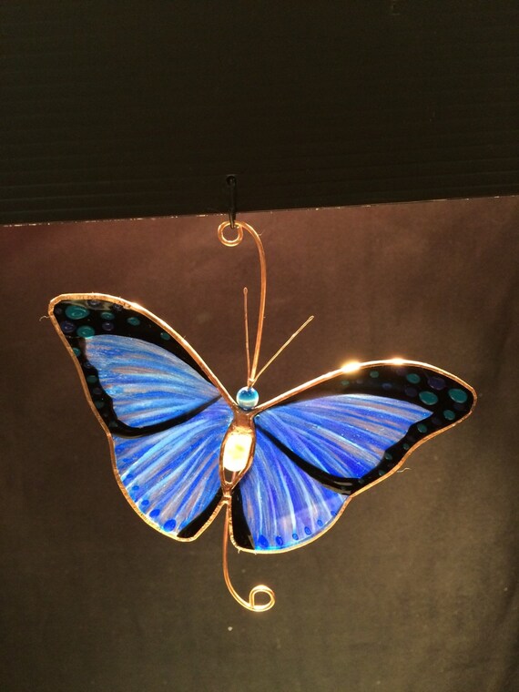 Blue Morpho Butterfly Stained Glass Suncatcher