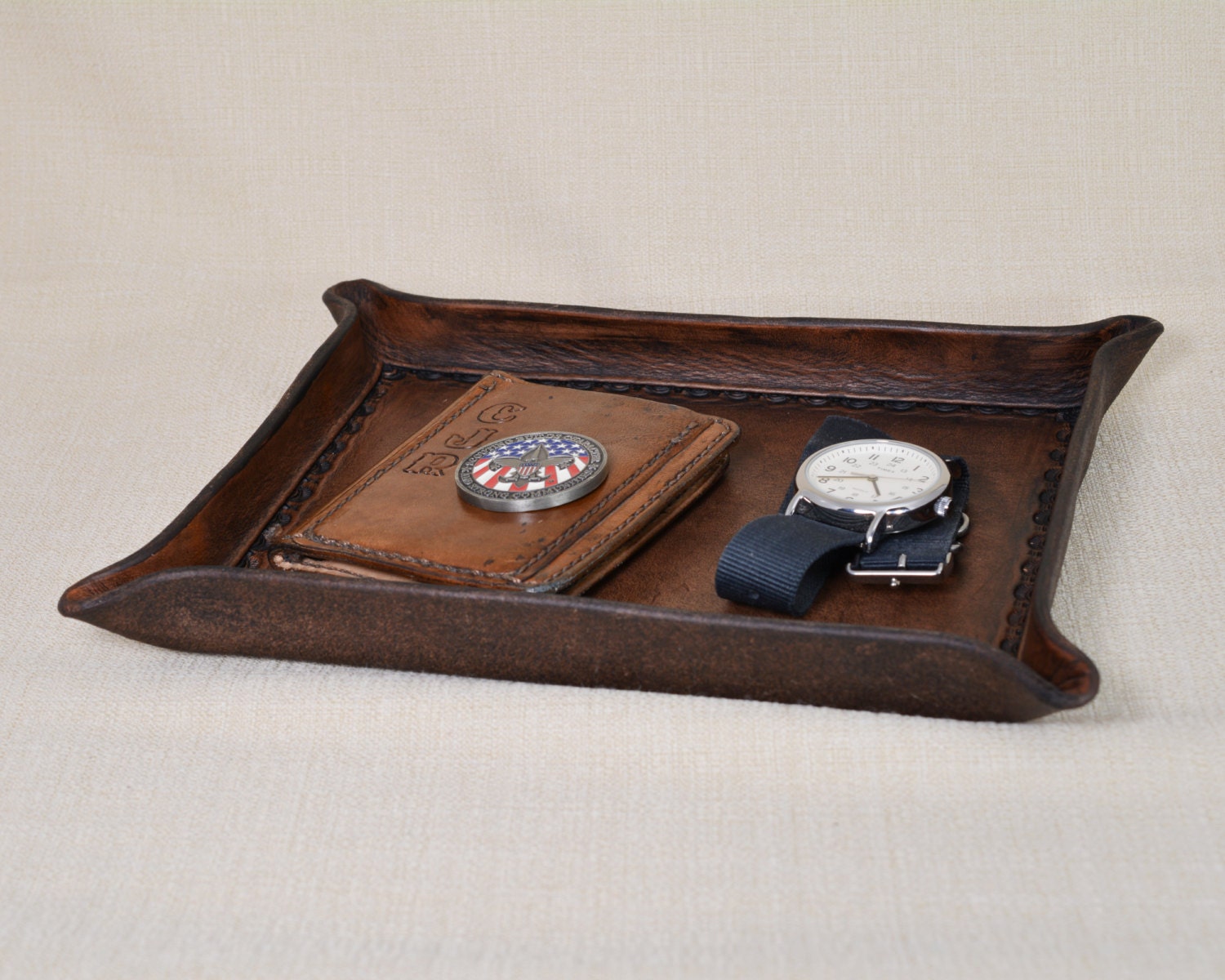 Bordered Leather Valet Tray For Dresser Or Desk Bordered Leather Valet Tray For Dresser Or Desk