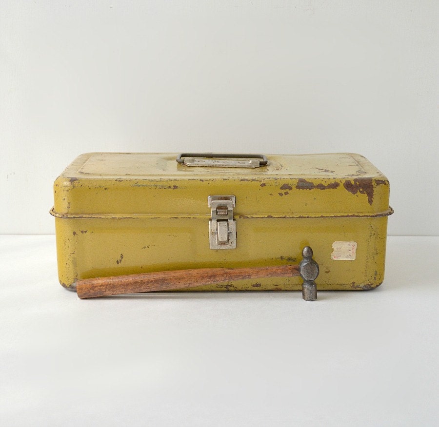Vintage toolbox in harvest gold; industrial metal box; yellow Haute Juice