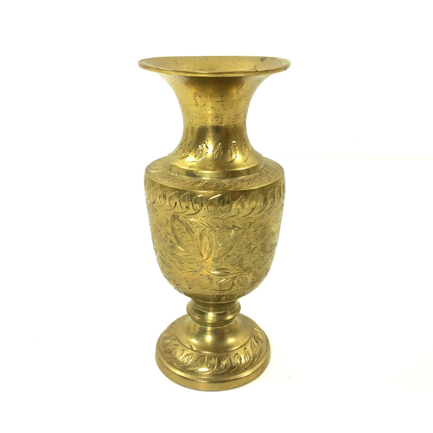 Vintage Small Brass Urn Vase with Etched / Engraved Leaf