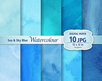 Sea & Sky Blue Watercolour Digital Paper Clip Art. Set of 10 JPG watercolor backgrounds / digital papers. Printable. Instant download.