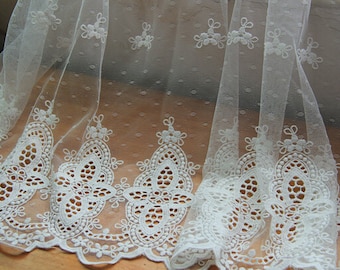 Double sides White Lace trim, Net yarn lace, Curtain fabric, Lace embroidery, Wedding accessories, by the yard - 1.35 m wide x 1 yard