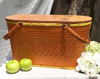 Large Vintage Picnic Basket, Wicker, Redmon Peru, Indiana, metal handles, orange yellow, hinged lid, wood, weave, braid, woven