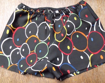 Sleep shorts, pyjama pants, big knickers Japanese vintage kimono silk Size uk 10. u.s.6/8 One-off design, black with bright coloured print.