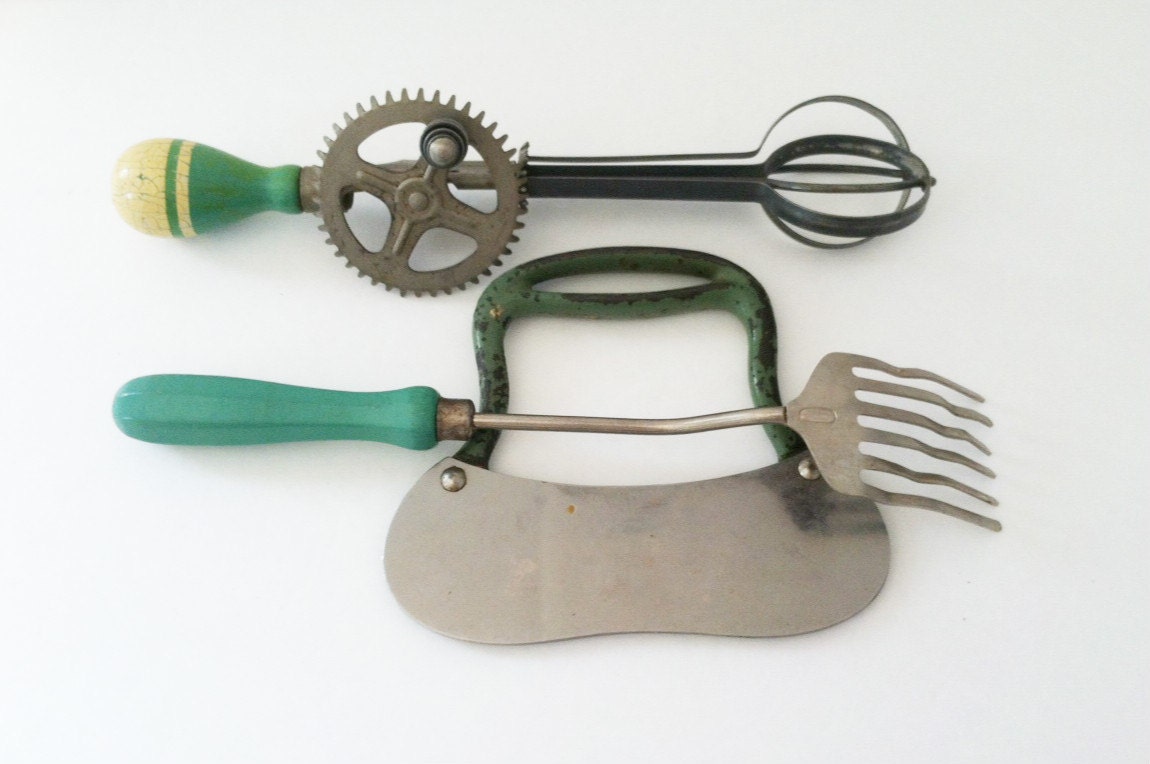 Green Handled Kitchen Utensils Vintage Egg Beater, Serving Fork and
