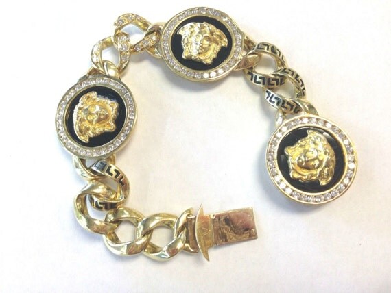 Versace Vintage RARE massif 18K méduse or jaune diamant Onyx Bracelet , mise de côté en