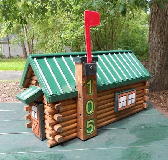 Log Cabin Mailbox engraved house numbers by CarvedByHeart on Etsy