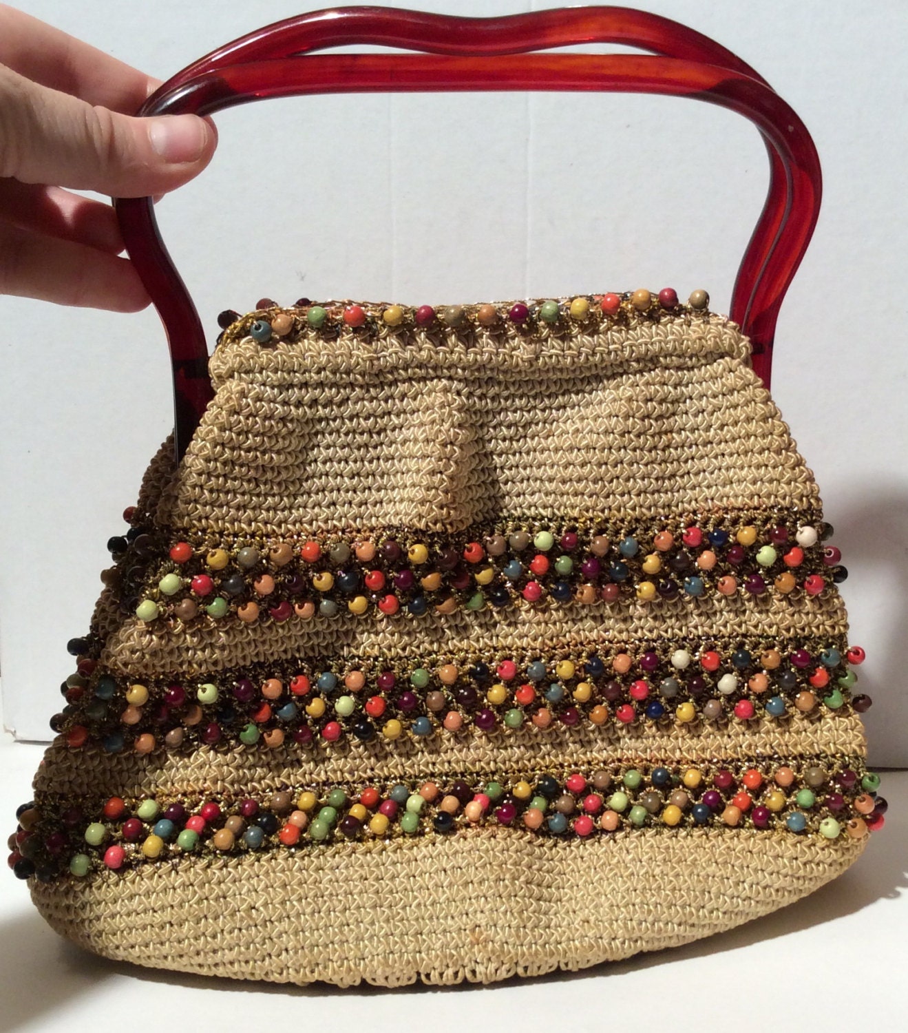 Vintage 60s Lucite Frame Hand Crocheted/Beaded Purse/Boho