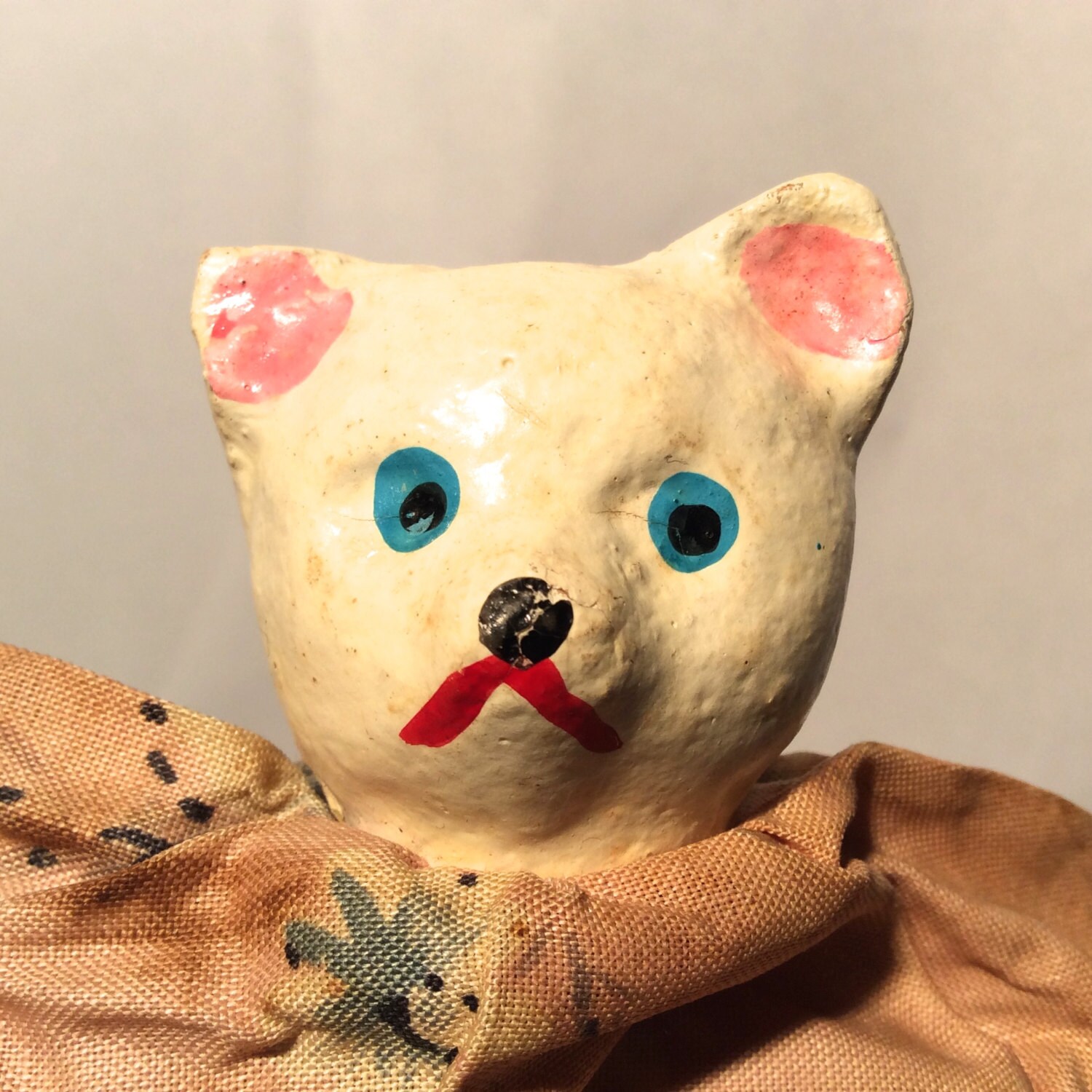 Vintage 1950s Paper Mache Cat Hand Painted Face Hand Puppet