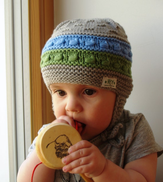 Grey Green Blue knit bonnet for baby boy. Merino wool earflap