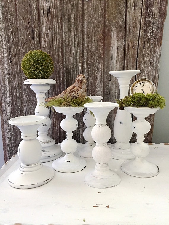 White Wedding Distressed Candle Holders Set 7 Table