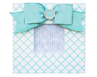 kids frame- picture frame- frames with bows - aqua nursery- aqua decor- aqua trellis frame- moroccan pattern frame- embellished photo frame