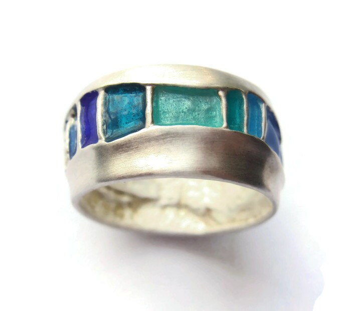Vintage Modernist Sterling Silver Ring With Inlaid Enamel