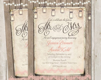 Rustic, Engagement Party Invitation, Rustic, Wood Fence, Lights Engagement Party Invitation, Printable, Digital File, Personalized, 5x7,