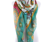 Kaleidoscope Multi Color Wheel Peacock Feather Fashion Scarf in Oyster ...