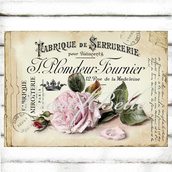 French Vintage Shabby Pastel Rose Ephemera Large Instant Digital Download Printable Antique Botanical Iron on Fabric Transfer Tag Card