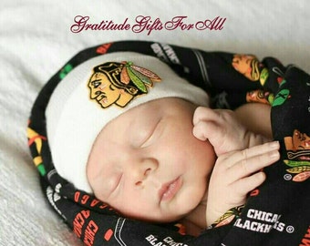 SaLe Newborn Hospital Hat Chicago Blackhawks. White hat with Chicago Blackhawks applique! Perfect for Boy or Girl! Gender Neutral.