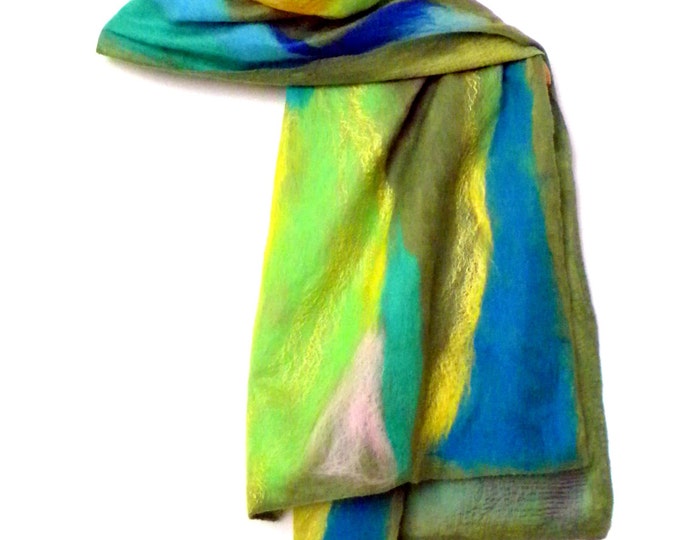 Women wool silk scarf Green cape Felted scarf Gift for mother Spring scarf inspirational women gift for her Art to wear Gift for girlfriend