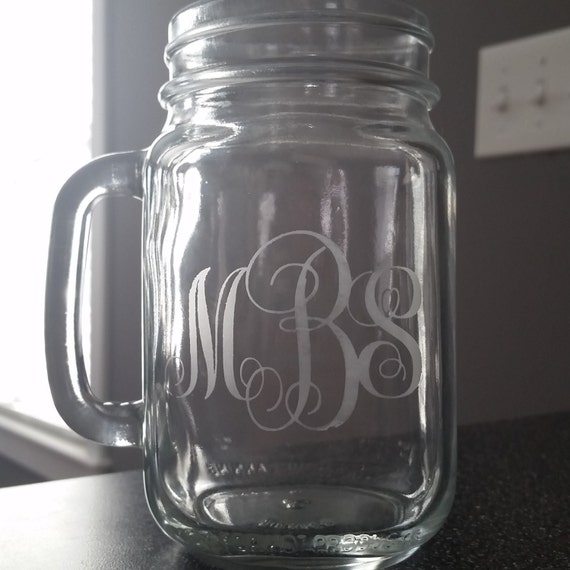 Custom Etched Monogram Mason Jar Mug