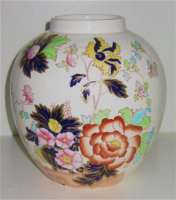 Vintage English Masons Mandarin Pattern Hand Painted Floral Vase Jar