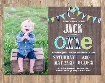 First Birthday Invitation, Boy's 1st Party Invite, Rustic, Wood, Banner, Printable, Navy Blue, Green, Teal, Vintage, Invitations Invites Boy