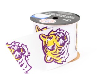 2.5" Louisiana State University (LSU) Tigers Ribbon - NCAA RIBBON - Offray - 9 feet -White/Purple/Yellow - Offray College Ribbon