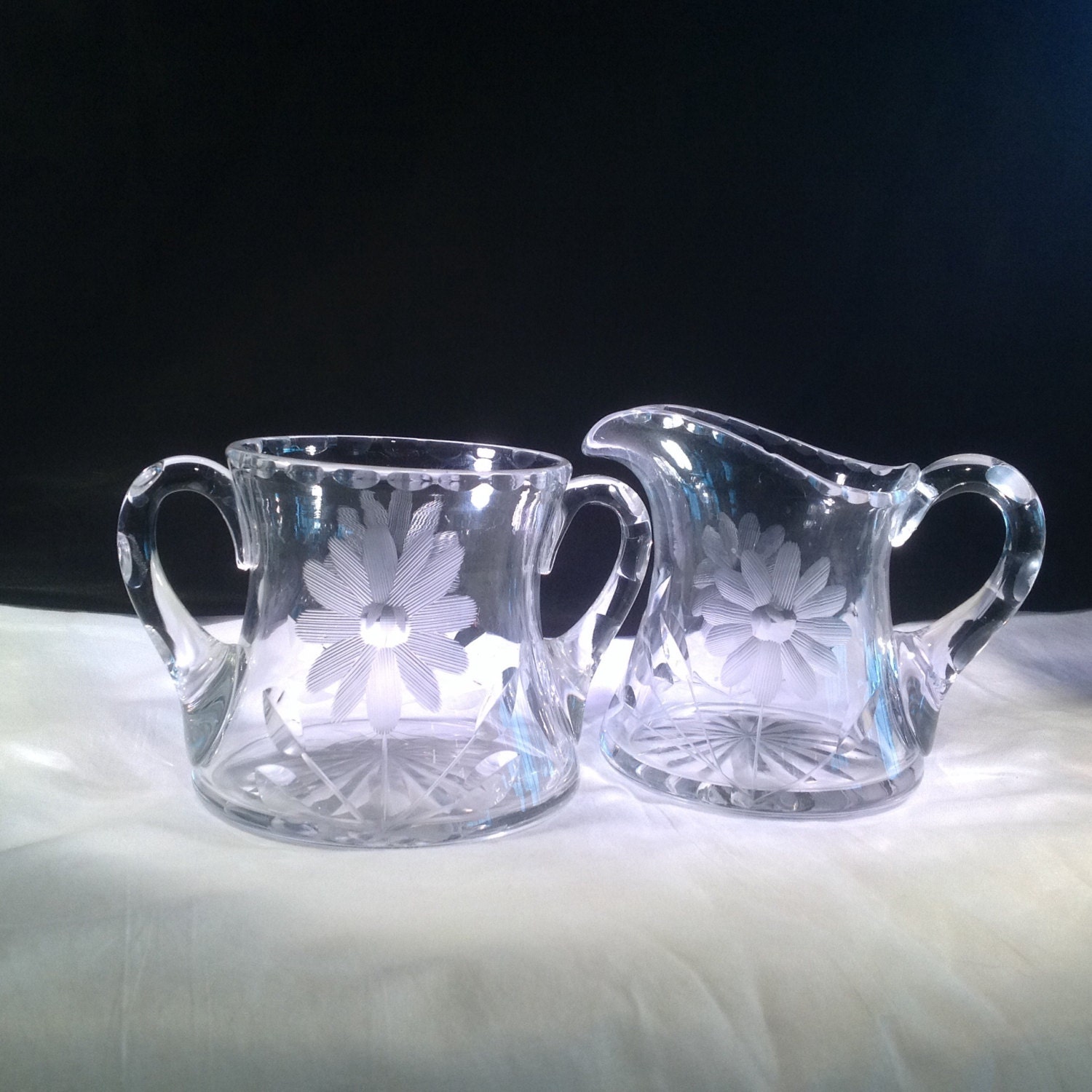Elegant Cornflower Pattern Glass Cream And Sugar From Mid