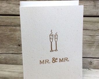Mr. and Mr. Wedding Card. Gay Wedding card. Groom and Groom. Hemp. Eco-Friendly. Embossed. Wedding Thank you note cards. Champagne glasses