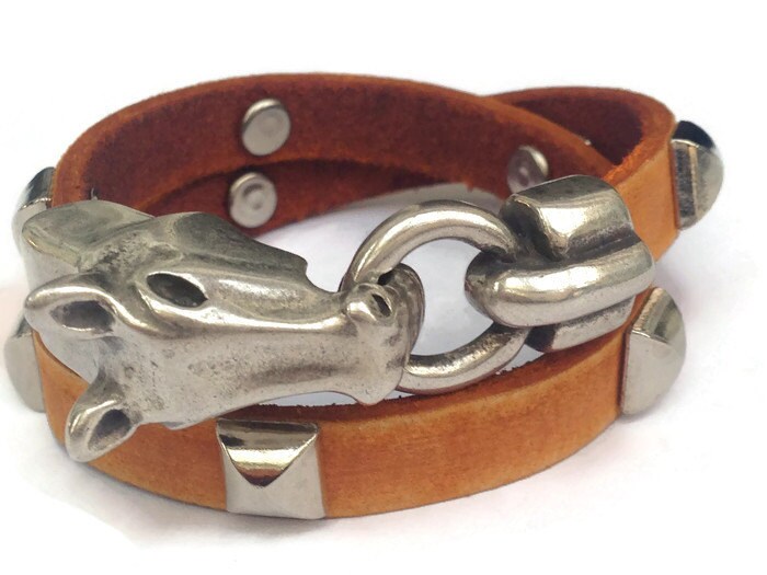 Leather Horse Bracelet Silver Polo Horse Chunky Western