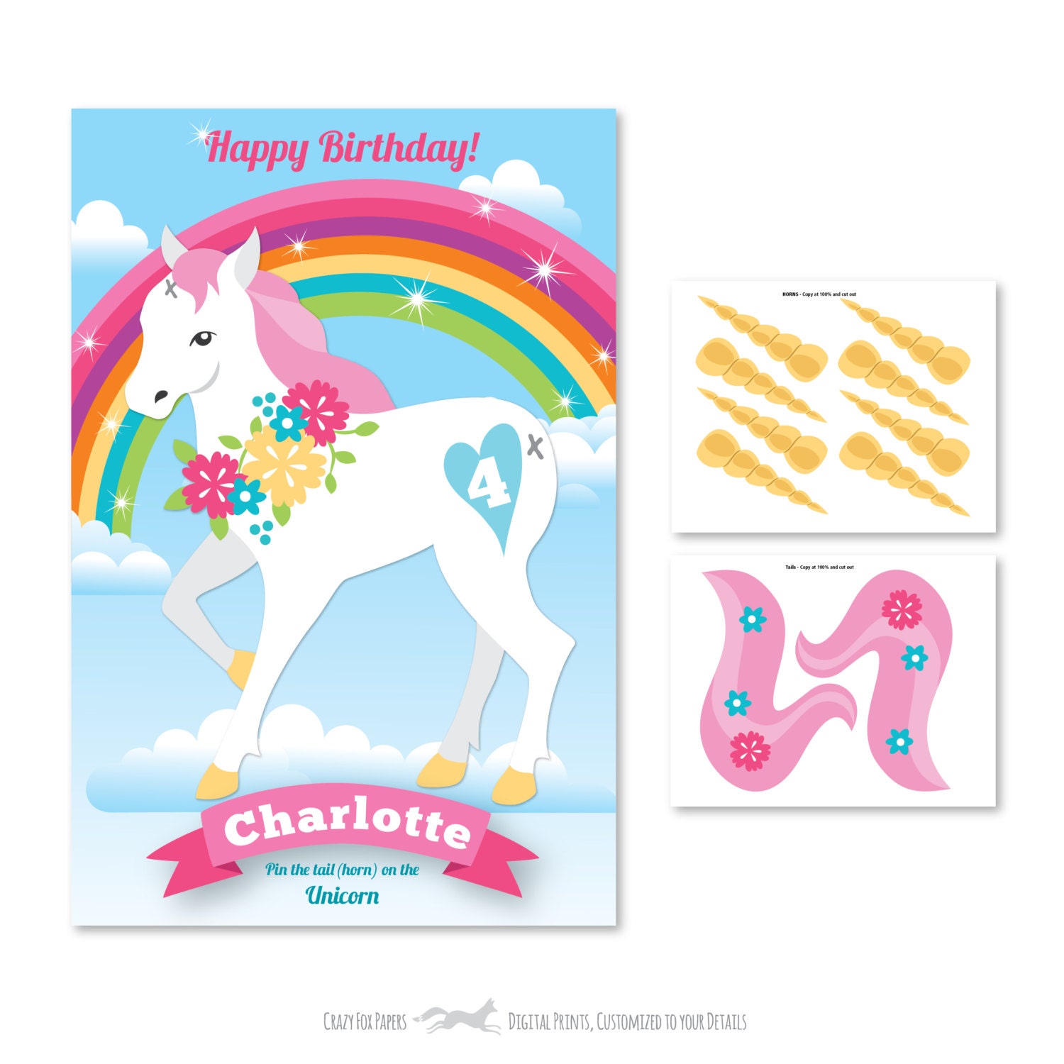 Unicorn Rainbow Pin the tail & horn on the Unicorn party game