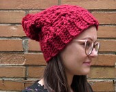 Slouch hat with chunky cables and pom is crocheted for modern hipster style; beanie santa hat, Christmas in july, CIJ, winter hat fall style