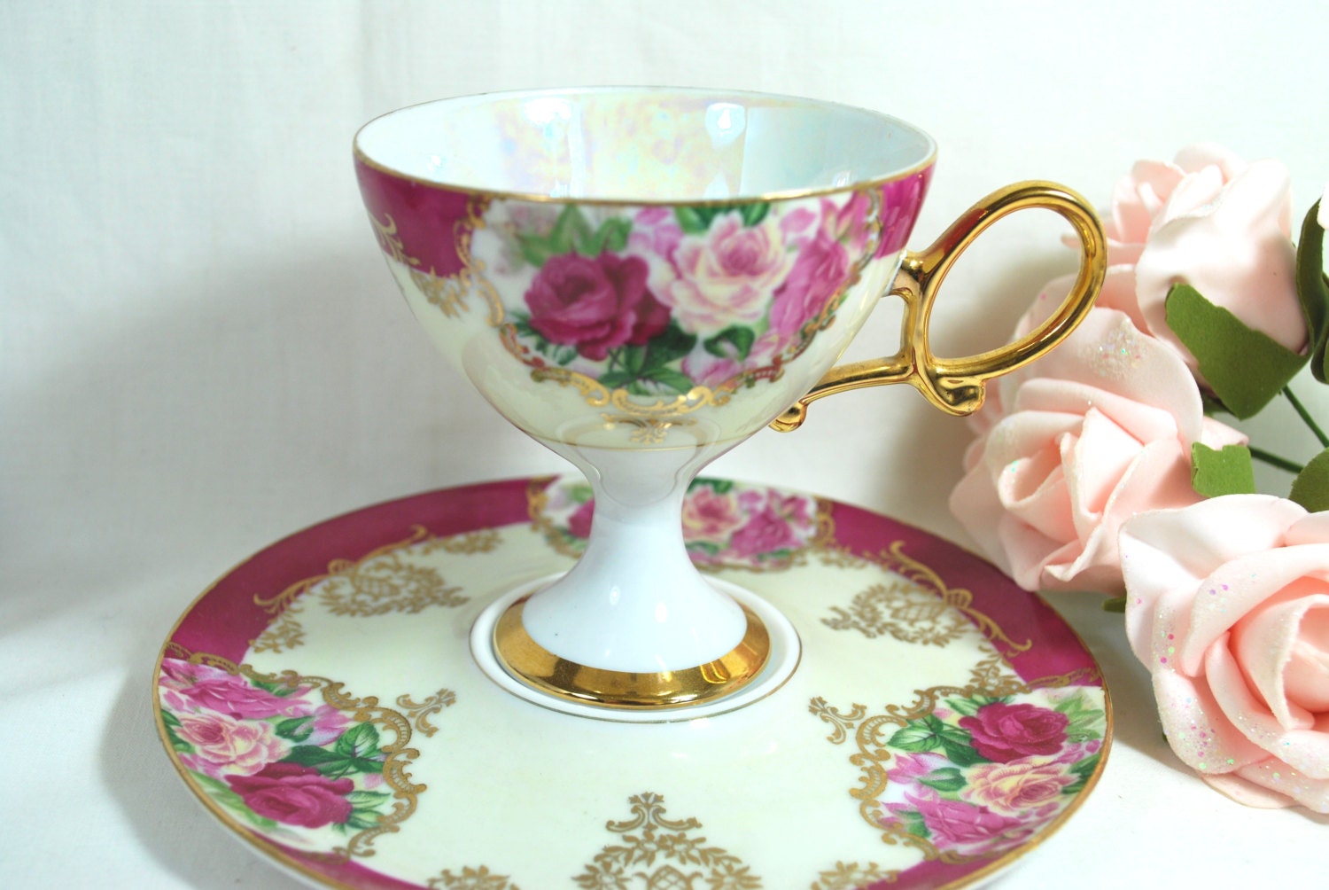 Vintage Mother of Pearl Tea cup and saucer pink and gold